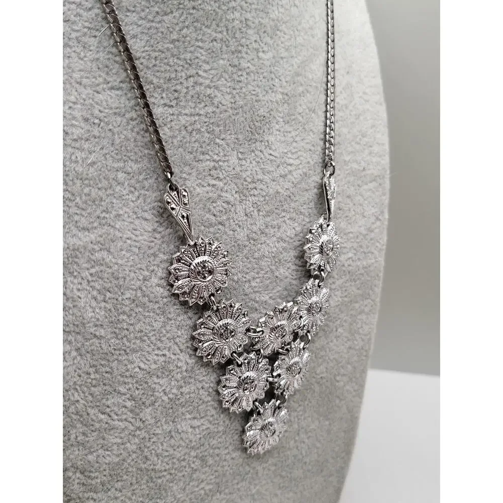Vintage Floral Necklace Marked Sterling with Marcasite Accents 17 Inch - Picture 8 of 10
